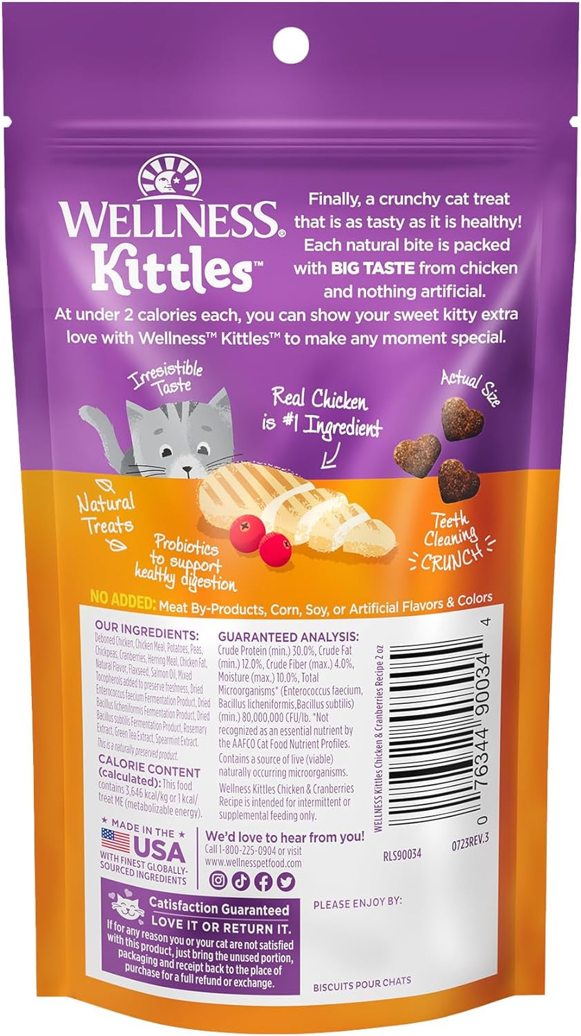 Wellness Kittles Crunchy Natural Grain Free Cat Treats, Chicken & Cranberry, 2-Ounce Bag