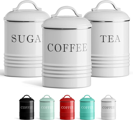 White Canister Sets for Kitchen Counter, Vintage Canisters, Country Rustic Farmhouse Decor the Kitchen, Coffee Tea Sugar Set, Metal